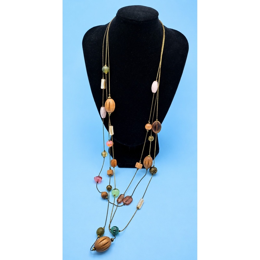 Lia Sophia "Tribeca" Necklace 3 Strands Wood Green Pink Gold Tone Beads -456